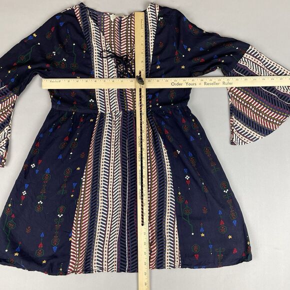 Umgee Lace Up Front Bell Sleeve Mini Dress Tunic Women's Sm Blue Floral Boho - Picture 15 of 15